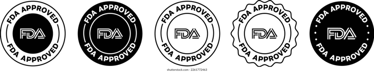 FDA Approved icon, symbol, label, badge, logo, emblem, seal. Black and white. FDA registered certified, accepted, verified, allowed, authorised made sign.