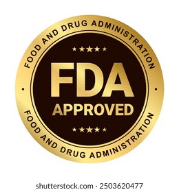 Etiqueta aprobada por la FDA, Food And Drug Administration Insignia de oro y negro de círculo redondo con estrellas para usar en su producto, etiqueta realista lista para imprimir