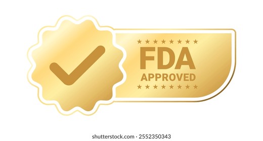 Etiqueta aprobada por la FDA, Food And Drug Administration Etiqueta engomada redondeada del rectángulo del oro con las estrellas y el icono de la garrapata para el uso a su alimento del producto y a la droga, etiqueta realista lista para imprimir