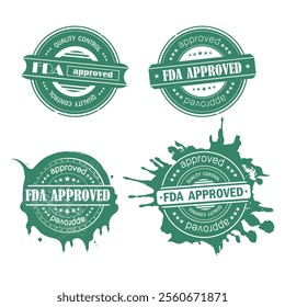 FDA approved. Quality control. Set of rubber stamps. US Food and Drug Administration symbol. Vector illustration of green color