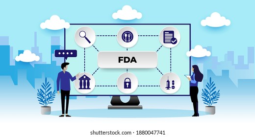 FDA Food And Drug Administration. Certified Control Department Nutrition Drugs Concept
With Icons. Cartoon Vector People Illustration