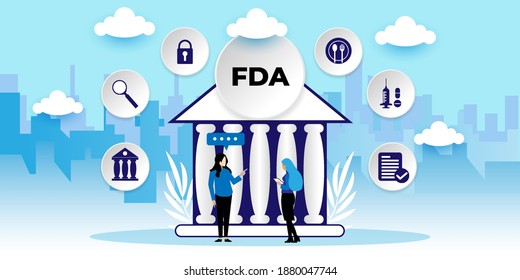 FDA Food and Drug Administration. Certified Control Department Nutrition Drugs Concept
With icons. Cartoon Vector People Illustration