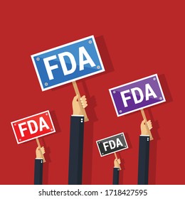 FDA sign concept - business hand and FDA sign. Conceptual vector illustration in flat style design. Isolated on background.
