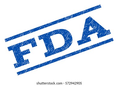 FDA watermark stamp. Text caption between parallel lines with grunge design style. Rotated rubber seal stamp with scratched texture. Vector blue ink imprint on a white background.