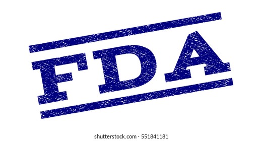 FDA watermark stamp. Text tag between parallel lines with grunge design style. Rubber seal stamp with unclean texture. Vector navy blue color ink imprint on a white background.