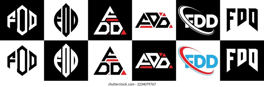 FDD letter logo design in six style. FDD polygon, circle, triangle, hexagon, flat and simple style with black and white color variation letter logo set in one artboard. FDD minimalist and classic logo