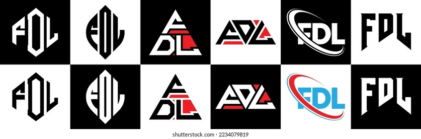 FDL letter logo design in six style. FDL polygon, circle, triangle, hexagon, flat and simple style with black and white color variation letter logo set in one artboard. FDL minimalist and classic logo