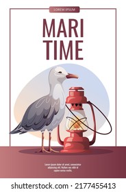 FDlyer design with seagull and red kerosene lamp. Maritime, sea coast, marine life, nautical concept. Vector illustration. Flyer, cover, banner template.