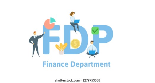 FDP, Finance Department. Concept with keywords, letters and icons. Colored flat vector illustration. Isolated on white background.