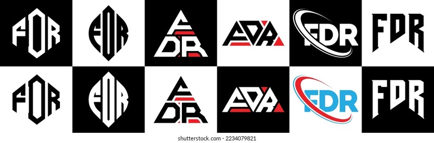 FDR-Brief-Logo-Design in sechs Stilen. FDR-Polygon, Kreis, Dreieck, Hexagon, flacher und einfacher Stil mit schwarz-weißem Farbänderungslogo in einer Zeichenfläche. FDR-minimalistisches und klassisches Logo