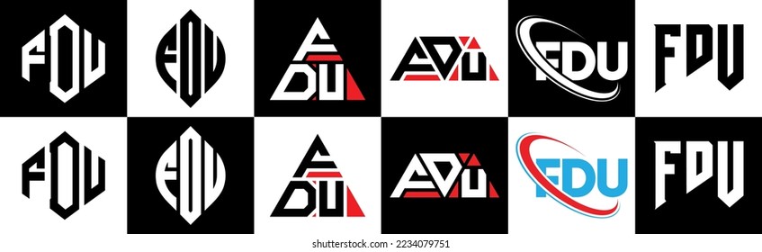 FDU Brief Logo Design in sechs Stil. FDU Polygon, Kreis, Dreieck, Hexagon, flacher und einfacher Stil mit schwarz-weißem Farbänderungslogo in einem Zeichenbrett. FDU minimalistisches und klassisches Logo