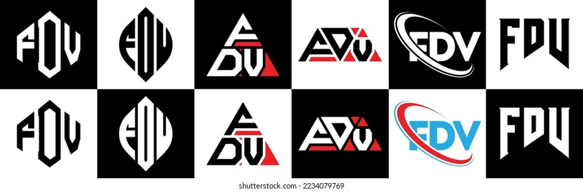 FDV Brief Logo Design in sechs Stilrichtungen. FDV Polygon, Kreis, Dreieck, Hexagon, flacher und einfacher Stil mit schwarz-weißem Farbänderungslogo in einem Zeichenbrett. FDV minimalistisches und klassisches Logo