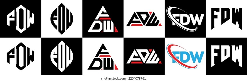 Diseño del logo de la carta FDW en seis estilos. Polígono FDW, círculo, triángulo, hexágono, de estilo plano y sencillo con el logotipo de la letra de variación en color blanco y negro en un tablero. Logo minimalista y clásico de FDW