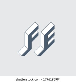 FE - 2-letter code of Ferrum. F and E - Monogram or logotype. Isometric 3d font for design. Volume alphabet. Three-dimension letters.