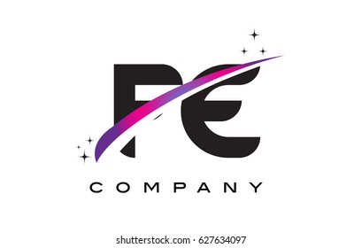 FE F E Black Letter Logo Design with Purple Magenta Swoosh and Stars.