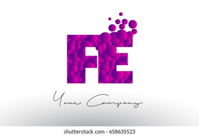FE F E Dots Letter Logo with Purple Pink Magenta Bubbles Texture Vector.