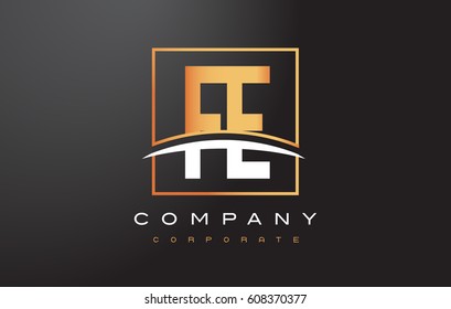FE F E Golden Letter Logo Design with Swoosh and Rectangle Square Box Vector Design.