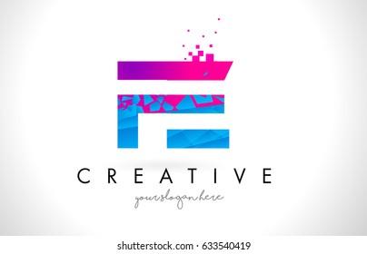 FE F E Letter Logo with Broken Shattered Blue Pink Triangles Texture Design Vector Illustration.