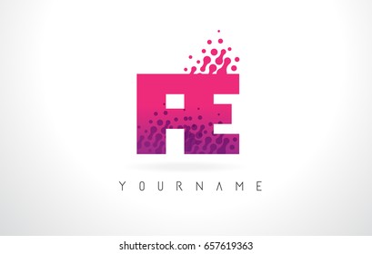 FE F E Letter Logo with Pink Letters and Purple Color Particles Dots Design.