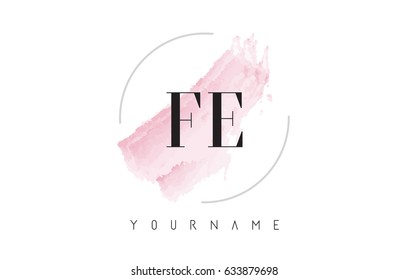 FE F E Watercolor Letter Logo Design with Circular Shape and Pastel Pink Brush.