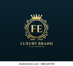 FE Letra inicial Oro caligráfico femenino floral mano trenzada heráldica monograma antiguo estilo vintage diseño logotipo de lujo estilo antiguo.