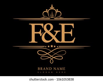 F&E Initial logo, Ampersand initial logo gold with crown and classic pattern