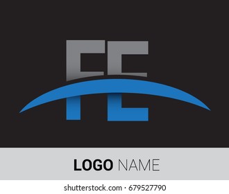 FE initial logo company name colored grey and blue swoosh design.