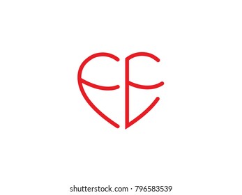 FE initial logo letter with heart shape red colored, logo design for wedding invitation, wedding name and business name.