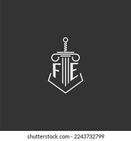 FE initial monogram law firm with sword and pillar logo design