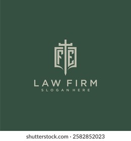 FE initial monogram for law firm with sword and shield logo image