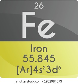 Fe Iron Transition metal Chemical Element Periodic Table. Square vector illustration, colorful clean style Icon with molar mass, electron config. and atomic number for Lab, science or chemistry class