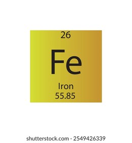 Tabla periódica del elemento químico del metal de la transición del hierro del Fe. Ilustración vectorial cuadrada plana simple, icono de estilo limpio simple con masa molar y número atómico para laboratorio, ciencia o clase de química.