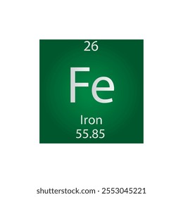 Tabla periódica del elemento químico del metal de la transición del hierro del Fe. Ilustración vectorial cuadrada plana simple, icono de estilo limpio simple con masa molar y número atómico para laboratorio, ciencia o clase de química.