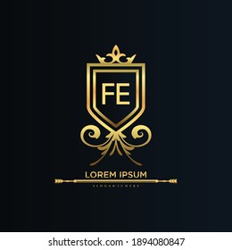 FE Letter Initial with Royal Template.elegant with crown logo vector, Creative Lettering Logo Vector Illustration.