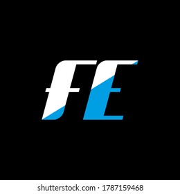 FE letter logo design on black background. FE creative initials letter logo concept. fe icon design. FE white and blue letter icon design on black background. F E