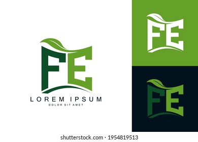 FE logo monogram with green leaf nature organic bio curved shape premium vector design template