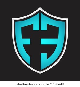 FE Logo monogram with shield shape isolated blue colors on outline design template