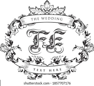 FE Monogram with Floral Natural Ornament for wedding invitation
