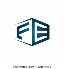 FE monogram logo with hexagon shape and negative space style ribbon design template