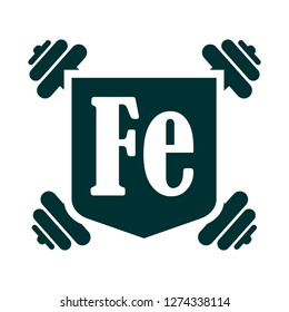 Fe text on shield with dumbbells sticker. Image relative for gym and bodybuilding. Remastered iron chemical element tag. Chemistry in metaphor design. Bodybuilding club emblem