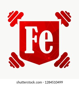Fe text on shield with dumbbells. Image relative for gym and bodybuilding. Remastered iron chemical element tag. Chemistry in metaphor design. Bodybuilding club emblem. Connected lines with dots