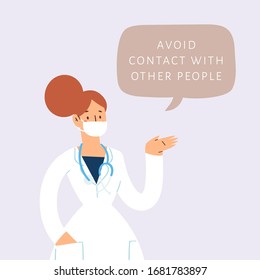 Feale medicine worker with speech bubble,  coronavirus pandemic disease COVID-19 quarantine concept. Doctor in face mask informing about self protective measures, treatment and prevention. Stay home