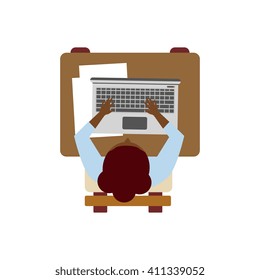 Feale Student With Computer From Above Flat Isolated Primitive Style Design Vector Illustration On White Background