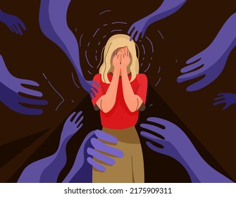 Fear, addiction concept vector illustration. Psychological influence. Sad young woman feeling fright, scare, dread, stress. Girl covers her face with her hands surrounded by creepy hands.