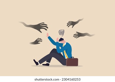 Fear or afraid of failure, struggle or shackle, feeling depressed or disorder, phobia, anxiety or stressed burnout or negative thinking concept, fearful businessman sitting with evil hand threaten.