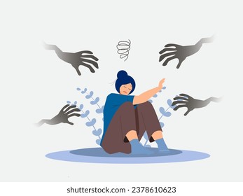 Fear or afraid of failure, struggle or shackle, feeling depressed or disorder, phobia, anxiety or stressed burnout or negative thinking concept, fearful woman sitting with evil hand threaten.