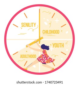 Fear of age. Woman is trying to stop time. Not enough time concept. Girl holds clock hands. Modern flat style illustration