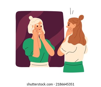 Fear of aging, phobia of wrinkles, psychology gerascophobia concept. Young woman afraid of senior elderly gray-haired self with old face. Flat vector illustration isolated on white background