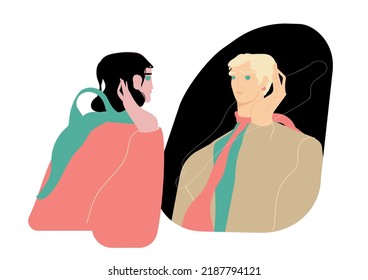 Fear of aging, wrinkle phobia A young woman looks at a senior elderly gray-haired woman with an old face. Flat vector illustration isolated on white background
