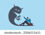 Fear, anxiety or panic attack, afraid of mistake, scared or nightmare suffering, depression or dread, worry or trouble causing distraught concept, fearful businessman afraid of evil monster shadow.